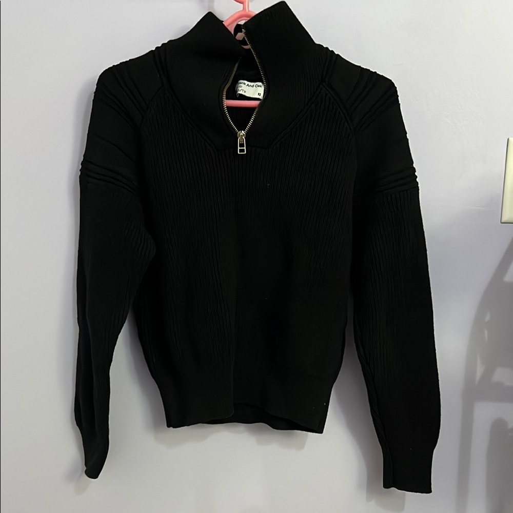 Black Ribbed Zip-Up Sweater